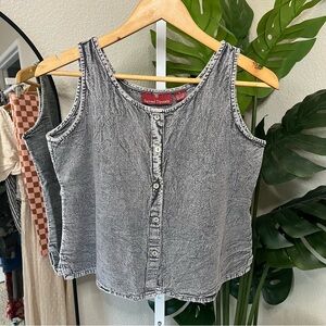 🩶 Acid Wash Button Front Tank Top Sz S | Washed Charcoal Gray | Sacred Threads